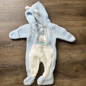 Vintage Healthtex Baby 0-6 M Fuzzy Winter Hooded Teddy Bear Suit Blue One Piece